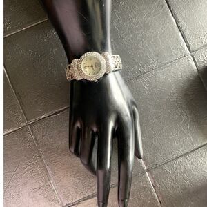 Vivani Mother Of Pearl and Pave Crystal filigree Bracelet watch